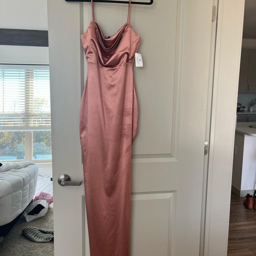 Windsor rose gold Lola high slit satin dress